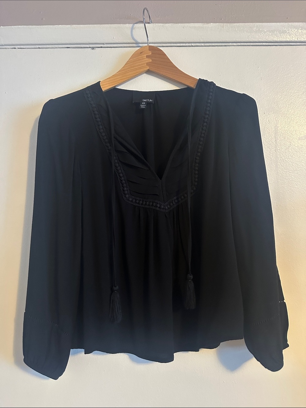 Greylin Black Long-Sleeve Boho Peasant Blouse with Tassel Ties